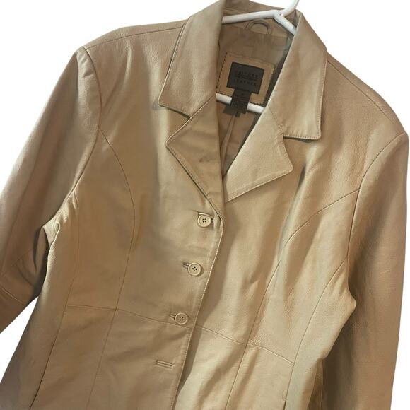 Y2K Preppy Leather Jacket Uniform Tan Beige Leather Lined Blazer Size 16 - Picture 3 of 7
